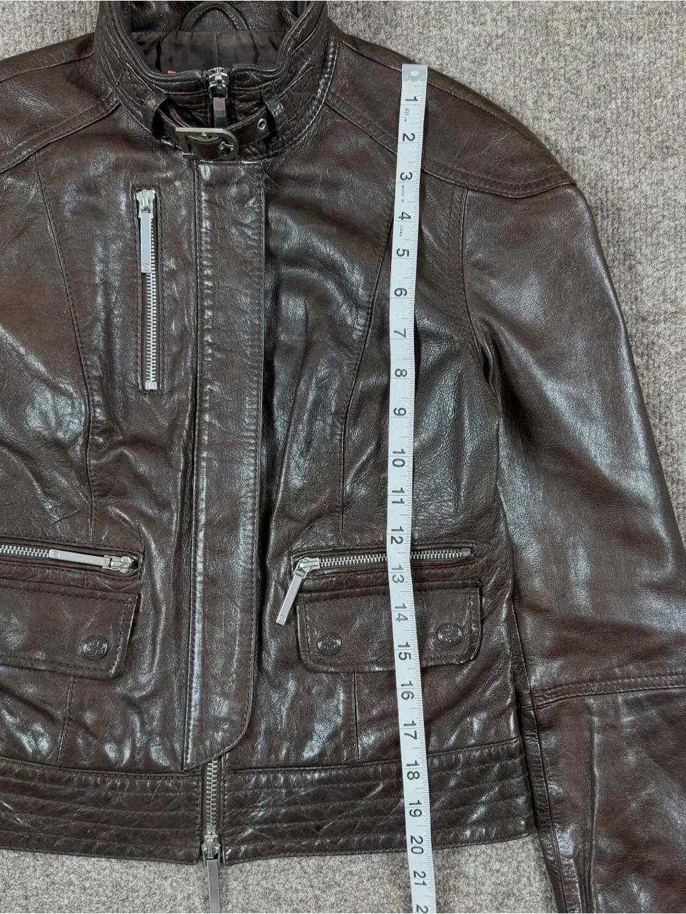 Tory Burch Brown Leather Moto Jacket Women’s Size 2 XS/S Buckle Funnel Neck Y2K